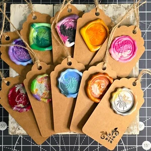 Set of 10 Kraft paper wax seal Multicolored Rose Bee Skull Tags - Picture 1 of 4