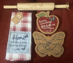Dolly Parton Kitchen Items WOODEN ROLLING PIN KITCHEN TOWEL 2 TRIVETS NWT - Picture 1 of 6