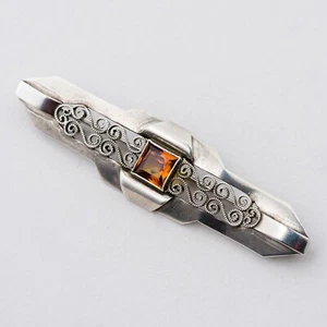 Brosche Art Deco Silber 835 Oranger Stein 6 cm 5,47 g - Picture 1 of 7