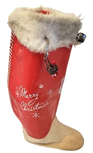 Vintage Merry Christmas Vinyl Red Boot, Faux Fur, Santa Stocking - Bild 1 von 6