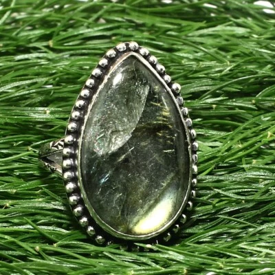 Joia anel feita à mão com pedra preciosa natural de labradorita sólida prata 925 - Imagem 1 de 3