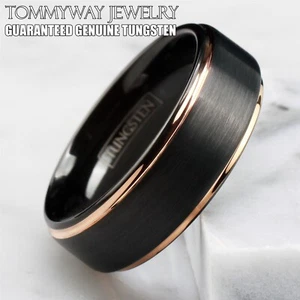 Tungsten Carbide Ring Rose Gold-Plated Black Brushed Wedding Band Men's Jewelry - Picture 1 of 10