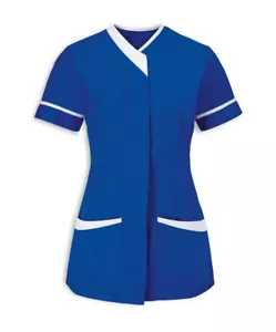 ASYMMETRISCHE TUNIKA V-AUSSCHNITT KRANKENSCHWESTERN UNIFORM NHS ROYALBLAU MIT WEISSER BORTE INS33RB - Bild 1 von 1