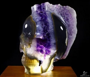 Nice 5.9" Agate Amethyst Druse Carved Crystal Punk Skull With Spine, Realistic - Picture 1 of 15