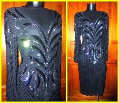 Винтажный 80-х AJ BARI DECO шелк блестки бисер вышитый черный официальный оболочка платье 10 - Изображение 1 из 4