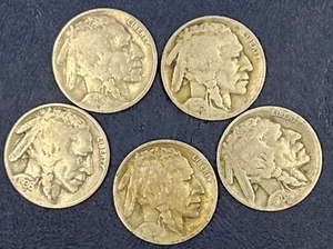 Lot of (5) BUFFALO Indian Head Nickel Coins Partial Dates - All Different Years! - Picture 1 of 1