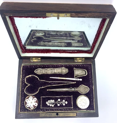 Antigua caja de costura palais francés madreperla madera de colección Foto 1 de 4