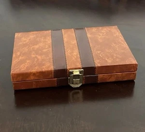 Vintage Backgammon Set in Faux Leather Striped Case Brown Tan with Rules - Picture 1 of 6