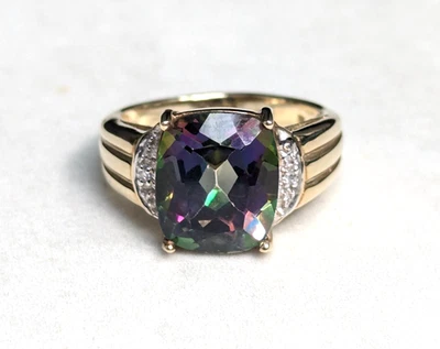 9ct Yellow Gold Ring Mystic Topaz & Diamond Stones Hallmarks Ring Size O — 第 1/4 张图片