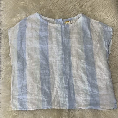 C & C California 100% Linen Boxy Button Up Striped Top Beach Size Small Blue - Image 1 of 4