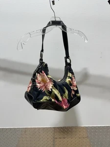 Tommy Bahama Hobo Shoulder Bag Floral Black Leather Trim Red Lining (USED) - Picture 1 of 7