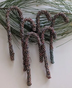 Prim Handcrafted Candy Cane Ornaments  Fabric Wrapped 6" Lot of 6 Package Ties  - Picture 1 of 5