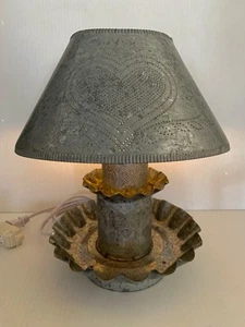 VTG Punch Metal Tin lamp W/ Handcrafted Heart Punched Tin Shade, Tested & Works - Picture 1 of 15