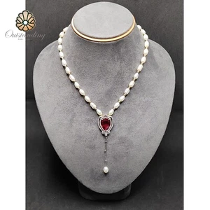 Genuine White Seawater 6-8mm Pearl 18" Necklace 9ct White Gold Filled Ruby Beads - Picture 1 of 19