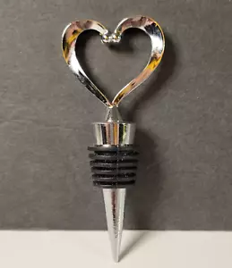 Heart Shaped Wine Bottle Stopper Valentine Heart Black & Chrome Rubber Metal 4" - Picture 1 of 5