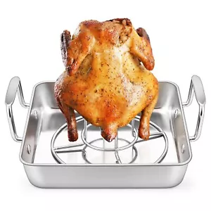 Small Roasting Pan with Beer Can Chicken Holder Set E-Far Stainless Steel Verti - Picture 1 of 7
