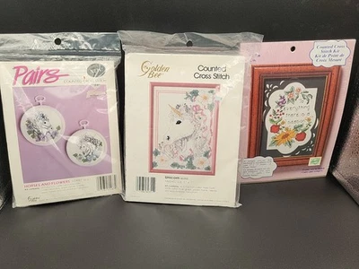 Lot Of 3 Counted Cross Stitch Kits Golden Bee Unicorn, Horses And Flowers SEALED - Image 1 of 4