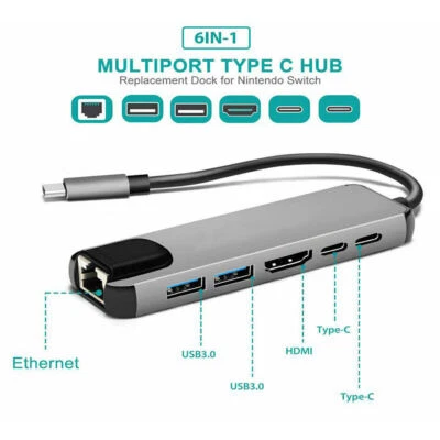 6 In 1 USB 3.0 Type-C Hub To 4K HDMI Rj45  Ethernet Network PD Charging - Image 1 of 4