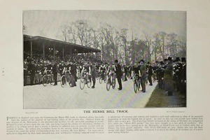 1896 ORIGINAL SPORTING PRINT & TEXT CYCLING ~ HERNE HILL TRACK - Picture 1 of 3