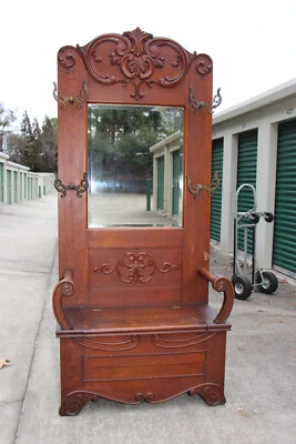 Fancy Tall Victorian Solid Tiger Oak Mirrored Hall Tree with Seat ~ Ca.1890 - Image 1 of 4