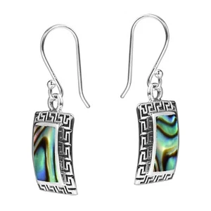Peacock Abalone Shell Greek Key Frame .925 Silver Dangle Earrings - Picture 1 of 5