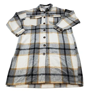 Miss Sparkling Shacket Coat Jacket Womens Large Flannel Long Plaid Tan Grey New - Picture 1 of 15
