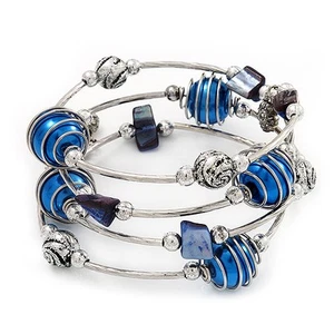 Silver-Tone Beaded Multistrand Flex Bracelet (Navy Blue) - Picture 1 of 4