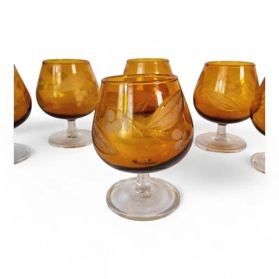 Vintage Brandy Glass Set Finelsa Amber Etched Spanish Brandy Balloon Glass x6 - Image 1 of 4