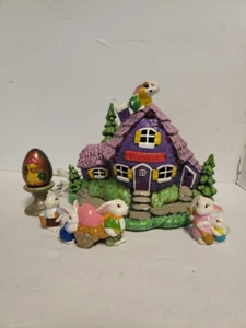 6 PC VTG 80'S HAND PAINTED CERAMIC LIGHTED BUNNYVILLE EASTER BUNNY HOUSE COTTAGE - Picture 1 of 24