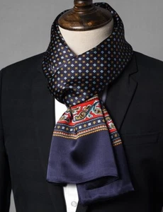Men 100 Pure Silk Scarf Long Neckerchief Double Layer Business Cravat Black Red - Picture 1 of 18