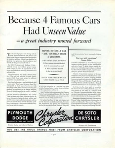 Anuncio impreso vintage 1936 coche automóvil Chrysler porque cuatro coches famosos invisibles - Imagen 1 de 1