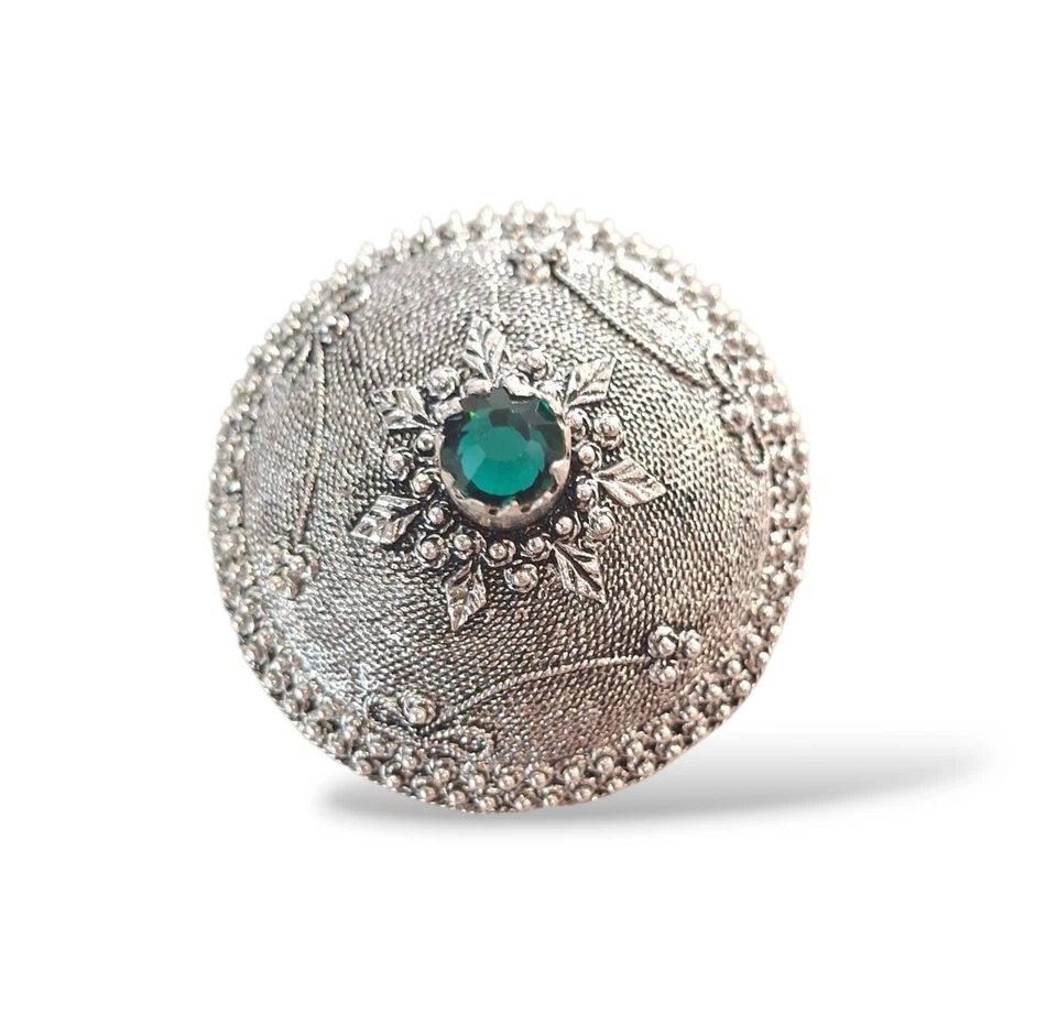 Ciondolo Pendente Bottone Sardo in Filigrana in Argento e Cristallo Verde - Immagine 1 di 4