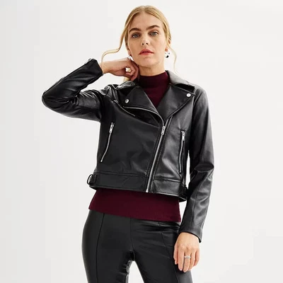 Nine West 女式摩托夹克黑色人造皮革不对称拉链领 M 全新带标签 — 第 1/4 张图片