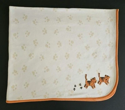 Gymboree Tiger Baby Blanket White Orange Paw Prints Jungle Safari 100% Cotton! - Image 1 of 4