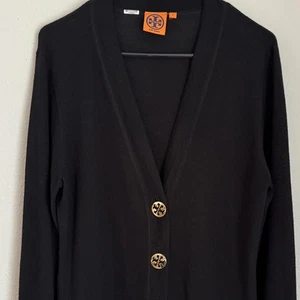 Maglione cardigan Tory Burch lana merino bottoni oro nero oro bottoni logo - Foto 1 di 10