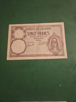 1942 Banque De Lalgerie Vingt Francs 29-1-1942 Circulated - Image 1 of 4
