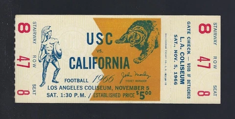 1966 NCAA CALIFORNIA BEARS @ USC TROJANS FOOTBALL FULL UNUSED TICKET Cover