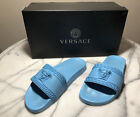 $325 Versace Gomma Men's Blue Palazzo Medusa Pool Slides Sandals Size 39