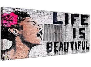 Life is Beautiful Black White Pink Banksy Graffiti Wall Art for your Bedroom - Picture 1 of 6
