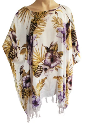 Femmes Blanc Imprimé Tropical Frange Caftan Poncho Tunique Plage Grand Plus Neuf - Photo 1/4