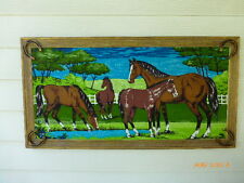Large Vintage Velvet Framed  Wall Hanging Tapestry Western Horses Horse Shoes
