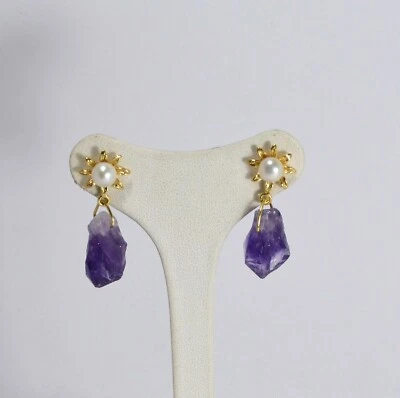 ORECCHINI IN ARGENTO 925 CON PERLE E GEODI AMETISTA NATURALE           AGHT 0571 - Immagine 1 di 3