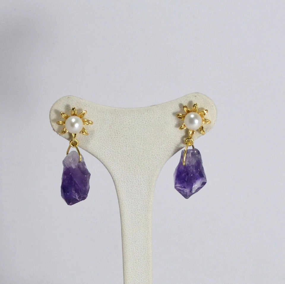 ORECCHINI IN ARGENTO 925 CON PERLE E GEODI AMETISTA NATURALE           AGHT 0571 - Immagine 1 di 3