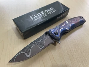 8" Multi Color Handle Spring Assist Folding Knife Damascus Colored Blade - Picture 1 of 9