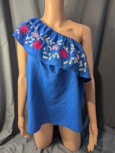 Loft Woman's Medium Blue Off The Shoulder Embroidered Flowers NWT - Picture 1 of 7