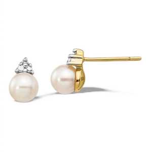 14K Solid Yellow Gold 5mm White Round Freshwater Cultured Pearl Diamond Stud ... - Picture 1 of 4