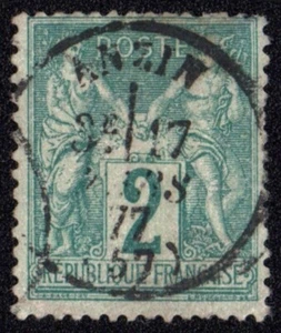 U9910 FRANCE 1876 Emission type Sage 2c green "N under U" Maury 74 used - Picture 1 of 1