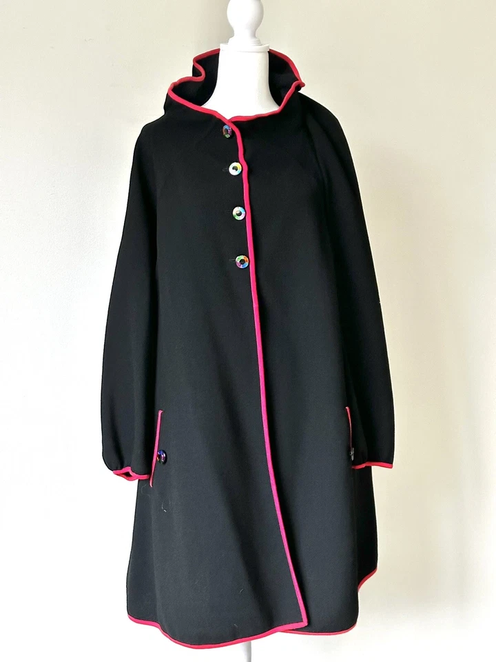 Vintage Geoffrey Beene Swing Coat Black Wool with Red Trim, Rainbow Buttons - Image 1 of 4