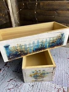 Set Of 2 Country Distressed Farmhouse Rustic Wooden Planter Boxes Floral Decor - Picture 1 of 9