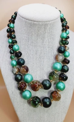 Vtg Double Strand Green, Brown and Gold Tone Glass Beaded Hong Kong Necklace - Image 1 of 4